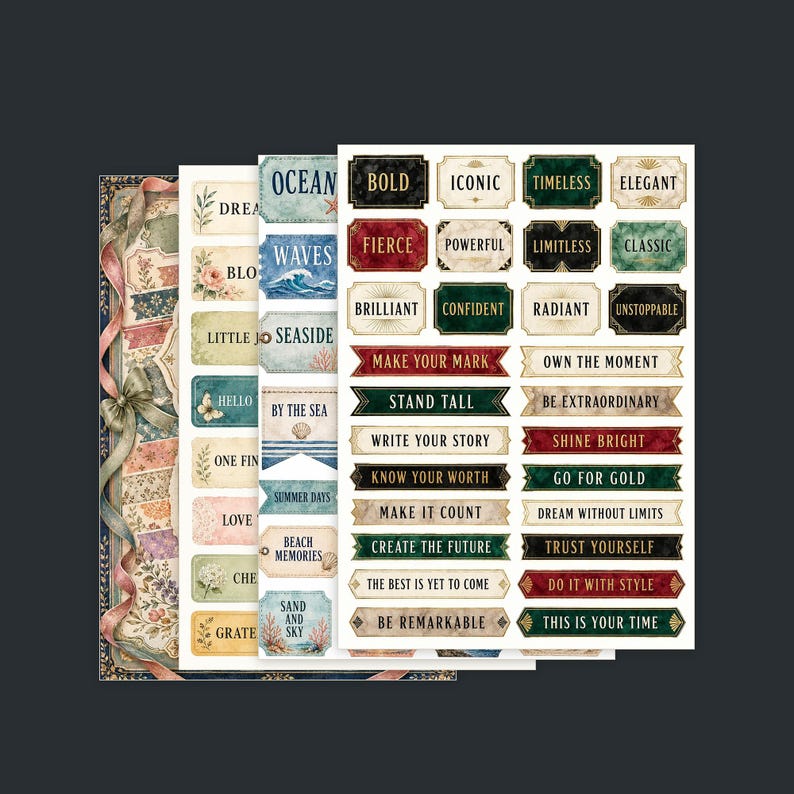 May include: A collection of decorative sticker sheets featuring rectangular labels with various phrases like Ocean, Waves, Bold, and Iconic. The designs include floral patterns, coastal imagery, and solid colored backgrounds with gold text accents.