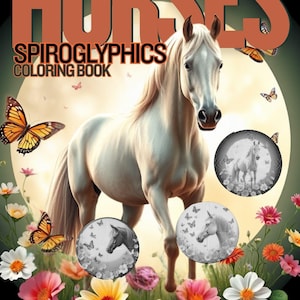 Horses Spiroglyphics Coloring Book printable, 10 spiral art pages + solutions, 10×10 inch PDF download