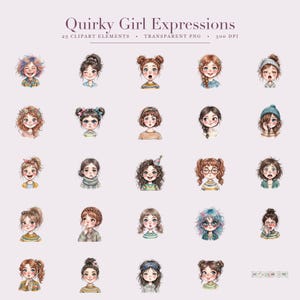 Może przedstawiać: Cyfrowa kolekcja zatytułowana Quirkly Girl Expressions zawierająca 25 indywidualnych ilustracji w stylu akwarelowym przedstawiających dziewczęta z r&oacute;żnymi fryzurami, wyrazami twarzy i ubraniami, jako przezroczyste pliki PNG o rozdzielczości 300 DPI.
