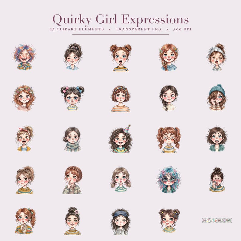Może przedstawiać: Cyfrowa kolekcja zatytułowana Quirkly Girl Expressions zawierająca 25 indywidualnych ilustracji w stylu akwarelowym przedstawiających dziewczęta z r&oacute;żnymi fryzurami, wyrazami twarzy i ubraniami, jako przezroczyste pliki PNG o rozdzielczości 300 DPI.