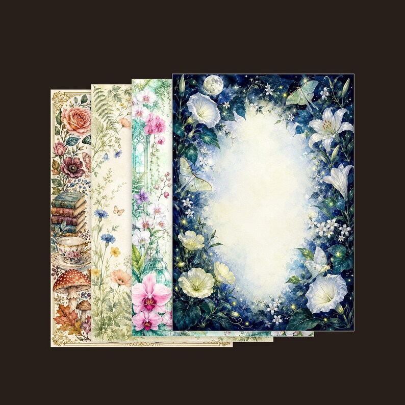 May include: A set of four rectangular decorative papers featuring botanical and celestial illustrations. Designs include stacked books with a teacup and mushrooms, wildflowers, pink orchids, and a dark blue night scene with moon and flowers.