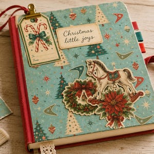 May include: A journal with a light blue cover featuring a pattern of Christmas trees, stars, and ornaments. It includes a tag with candy canes, a label reading "Christmas little joys," a rocking horse, a wreath, and a poinsettia with red ribbons.