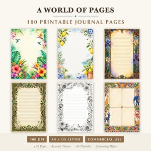 May include: A collection of 100 printable journal pages titled A WORLD OF PAGES. The image displays six distinct stationery designs featuring tropical flowers, lemons, stained glass, swans, floral sketches, and wildlife patterns in A4 and US letter sizes.