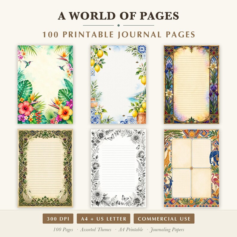 May include: A collection of 100 printable journal pages titled A WORLD OF PAGES. The image displays six distinct stationery designs featuring tropical flowers, lemons, stained glass, swans, floral sketches, and wildlife patterns in A4 and US letter sizes.