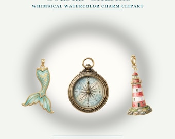 Coastal Charm Clipart Bundle | 25 Whimsical Watercolor PNG | Nautical Shell Mermaid Compass Charm Clipart | Jewelry Branding Decor