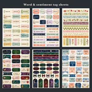 May include: Six sheets of decorative paper tags featuring various sentiments and illustrations. The designs include floral patterns, celestial motifs, ocean themes, and inspirational words like Dream, Hope, Magical, and Ocean printed in diverse fonts.