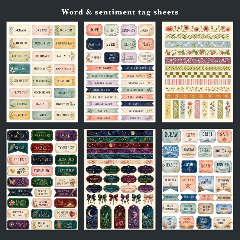 May include: Six sheets of decorative paper tags featuring various sentiments and illustrations. The designs include floral patterns, celestial motifs, ocean themes, and inspirational words like Dream, Hope, Magical, and Ocean printed in diverse fonts.