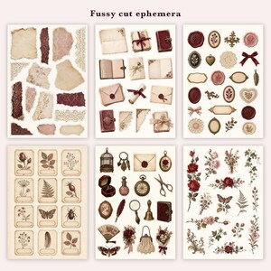 K&ouml;nnte beinhalten: Eine Sammlung von sechs B&ouml;gen mit Fussy-Cut-Ephemera, die Illustrationen im Vintage-Stil zeigen. Die Motive umfassen zerrissene Papierst&uuml;cke, Spitze, Umschl&auml;ge, Wachssiegel, B&uuml;cher, botanische Zeichnungen, Schmetterlinge, Insekten und antike Gegenst&auml;nde.