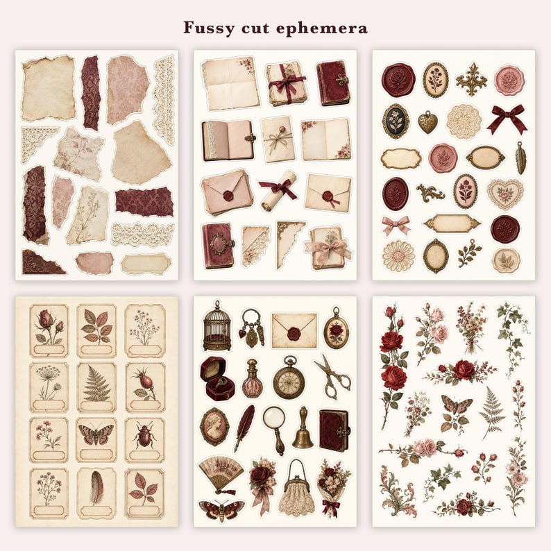 K&ouml;nnte beinhalten: Eine Sammlung von sechs B&ouml;gen mit Fussy-Cut-Ephemera, die Illustrationen im Vintage-Stil zeigen. Die Motive umfassen zerrissene Papierst&uuml;cke, Spitze, Umschl&auml;ge, Wachssiegel, B&uuml;cher, botanische Zeichnungen, Schmetterlinge, Insekten und antike Gegenst&auml;nde.