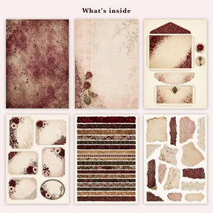 K&ouml;nnte beinhalten: Ein digitales Scrapbooking-Set mit dem Titel What's inside, bestehend aus sechs Papierb&ouml;gen mit Vintage-Designs. Die Elemente umfassen dunkelrote Damastmuster, cremefarbenes Pergament, florale Motive, Spitzenborten und Umschlagvorlagen.