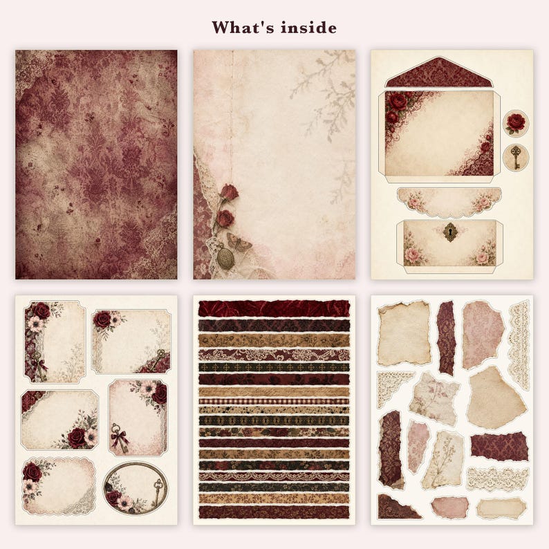 K&ouml;nnte beinhalten: Ein digitales Scrapbooking-Set mit dem Titel What's inside, bestehend aus sechs Papierb&ouml;gen mit Vintage-Designs. Die Elemente umfassen dunkelrote Damastmuster, cremefarbenes Pergament, florale Motive, Spitzenborten und Umschlagvorlagen.