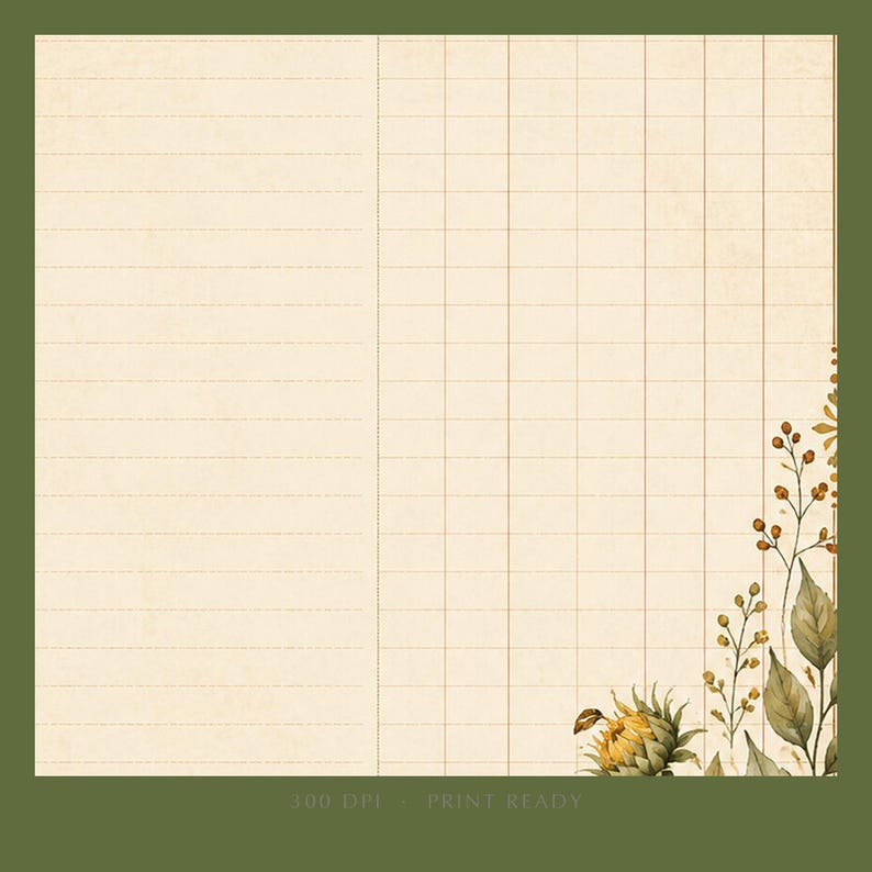 May include: A digital stationery sheet with a cream-colored background featuring a left section with horizontal lines and a right section with a grid pattern. The right side is decorated with watercolor-style illustrations of sunflowers and foliage.