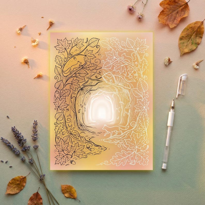 Puede incluir: Impresi&oacute;n art&iacute;stica rectangular con una ilustraci&oacute;n detallada de un &aacute;rbol y un t&uacute;nel brillante. El lado izquierdo es blanco y negro, el lado derecho es blanco. El fondo tiene un degradado amarillo y rosa.