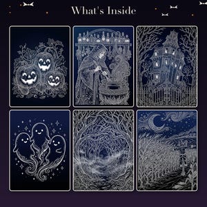 Pode incluir: Uma cole&ccedil;&atilde;o de seis impress&otilde;es de arte retangulares com desenhos de linhas brancas sobre um fundo azul escuro com o texto What's Inside. As ilustra&ccedil;&otilde;es retratam tr&ecirc;s ab&oacute;boras, uma figura encapuzada mexendo um caldeir&atilde;o, uma casa assombrada, tr&ecirc;s fantasmas, um caminho denso na floresta e um espantalho em um milharal.