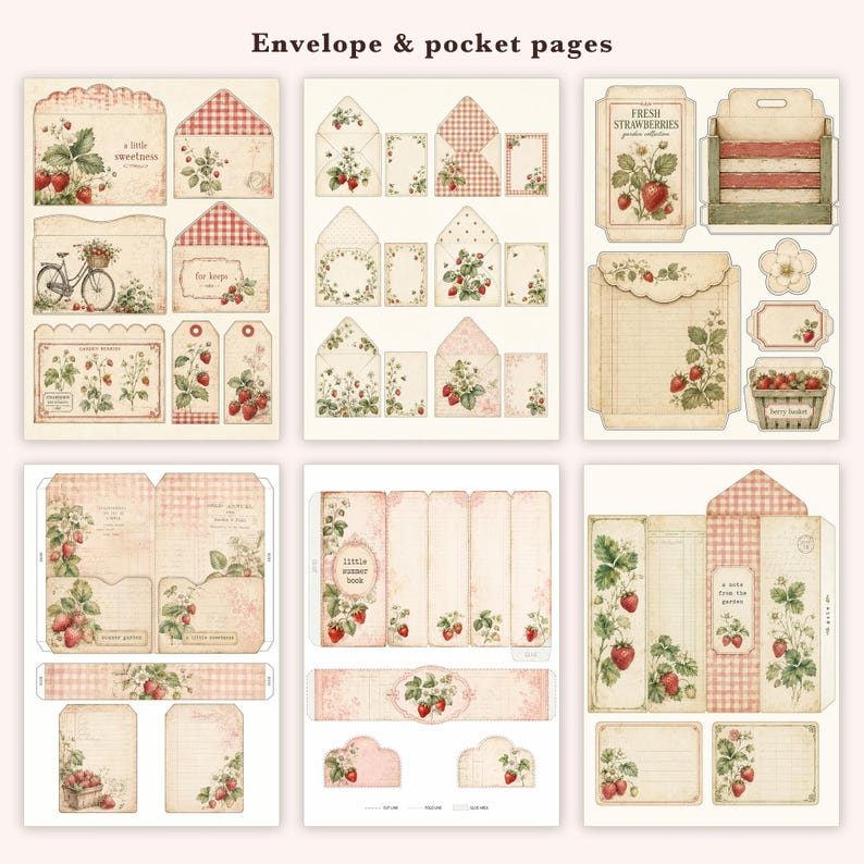 Sommarjordgubbar skräpjournal, 51 utskrivbara sidor vintage bondgårdsbärs-ephemera, gingham stugträdgård, direktnedladdning bild 9