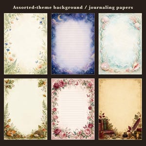 May include: Six rectangular sheets of journaling paper with assorted themes. Designs include wildflowers, a starry night sky with lines, seashells, forest animals, roses with lines, and a vintage desk scene with books and a quill pen.