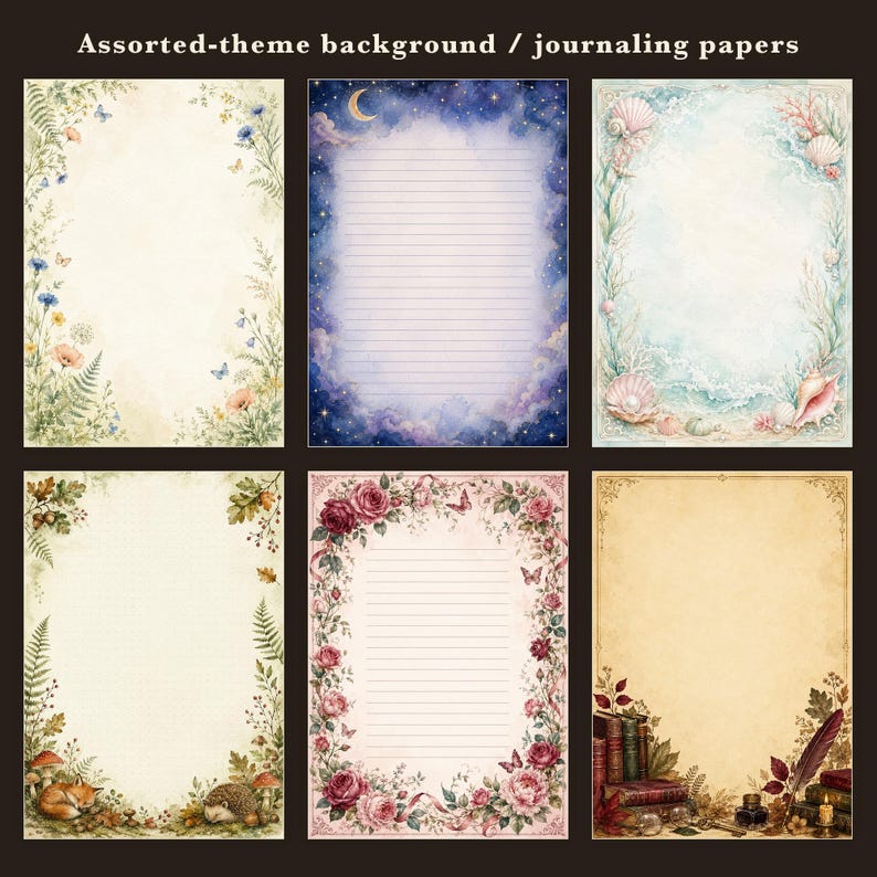 May include: Six rectangular sheets of journaling paper with assorted themes. Designs include wildflowers, a starry night sky with lines, seashells, forest animals, roses with lines, and a vintage desk scene with books and a quill pen.