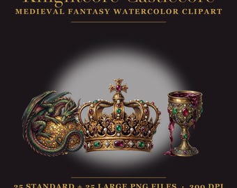 Medieval Fantasy Clipart Bundle | 25 Knightcore Castlecore PNG | Dragon Crown Castle Watercolor Art | Fantasy Branding | Commercial Use
