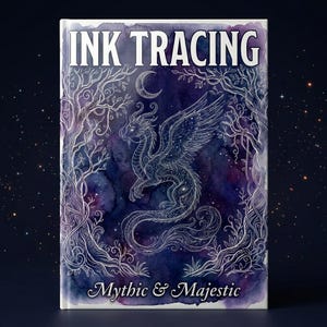 May include: A hardcover book titled INK TRACING Mythic & Majestic featuring a white line art illustration of a winged dragon and trees against a deep purple and blue watercolor background with a crescent moon and starry night sky elements.