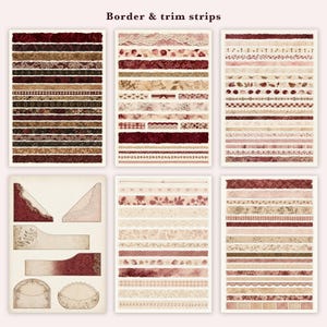 K&ouml;nnte beinhalten: Sechs B&ouml;gen mit dekorativen Bord&uuml;ren- und Zierstreifen in verschiedenen Mustern in Burgunderrot, Creme und Beige. Die Designs umfassen florale Motive, Spitzenstrukturen, Karomuster und geometrische Formen, teilweise mit Eckelementen.