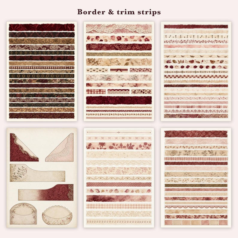 K&ouml;nnte beinhalten: Sechs B&ouml;gen mit dekorativen Bord&uuml;ren- und Zierstreifen in verschiedenen Mustern in Burgunderrot, Creme und Beige. Die Designs umfassen florale Motive, Spitzenstrukturen, Karomuster und geometrische Formen, teilweise mit Eckelementen.