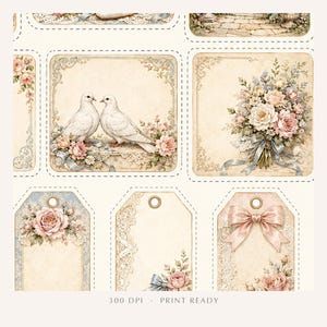 May include: A digital sheet of printable tags featuring cream-colored backgrounds with illustrations of white doves, pink roses, lace patterns, and ribbons. The rectangular and tag-shaped designs include dashed cut lines and the text 300 DPI PRINT READY.