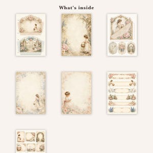 May include: A collection of stationery sheets and cutouts featuring the text What's inside. The designs include illustrations of children in dresses, floral borders, garden gates, and baskets in soft pastel colors on cream-colored paper.