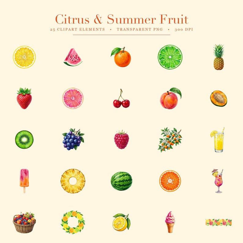 K&ouml;nnte beinhalten: Eine Sammlung von 25 Aquarell-Fruchtillustrationen mit dem Titel Citrus & Summer Fruit, darunter eine Zitronenscheibe, ein Wassermelonenst&uuml;ck, eine Orange, eine Limettenscheibe, eine Ananas, eine Erdbeere, eine Grapefruitscheibe, Kirschen und weitere.