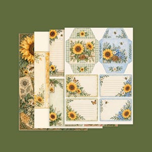 May include: A collection of stationery paper sheets featuring sunflower and bee illustrations. The designs include lined note cards, envelope templates with green gingham and blue patterns, and decorative borders with honeycombs and floral motifs.