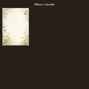 May include: A rectangular paper sheet with a cream-colored center and a border of watercolor illustrations featuring green ferns, wildflowers in shades of blue, yellow, and orange, and small butterflies. The text 'What's inside' appears above.