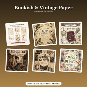 Puede incluir: Seis kits de papel imprimible titulados Bookish & Vintage Paper, que incluyen temas como Summer Strawberries, Scientific Bird Journal, Bookish Girl, The Alphabet Gazette y A World of Pages, mostrados como tarjetas cuadradas con ilustraciones detalladas.