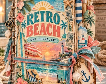 Kit de diario playero retro, 50 páginas imprimibles, artículos de viaje vintage, etiquetas de faros, tablas de surf, veleros, sobres, recortes precisos.