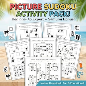 Può includere: Un pacchetto di attività Picture Sudoku che include diversi fogli di puzzle stampati con vari livelli di difficoltà, da principiante a esperto, e un bonus samurai, accompagnati da piccole icone ritagliate a tema spiaggia.