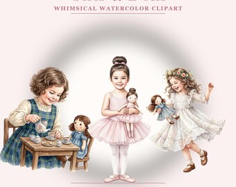 Girl and Doll Clipart Bundle | 25 Whimsical Watercolor PNG | Little Girl Doll Ballerina Tea Party Clipart | Nursery Birthday Decor
