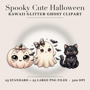 Op de afbeelding: Spooky Cute Halloween KAWAII GLITTER GHOST CLIPART. Een lichtroze pompoen met een strik, een glitterende geest met een strik en een zwarte kat met sterren, omringd door kleine vleermuizen. Tekst: 25 STANDARD + 25 LARGE PNG FILES 300 DPI.
