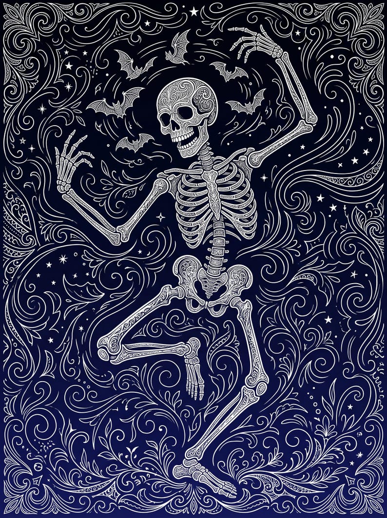Pode incluir: Uma ilustra&ccedil;&atilde;o de linhas brancas sobre um fundo azul escuro apresentando um esqueleto humano a dan&ccedil;ar, rodeado por pequenos morcegos voadores e padr&otilde;es florais intrincados. O esqueleto &eacute; representado numa pose din&acirc;mica com os bra&ccedil;os levantados.