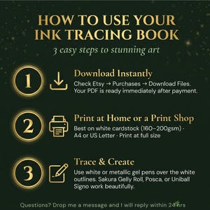 Puede incluir: Gr&aacute;fico verde oscuro con texto e ilustraciones doradas que explican c&oacute;mo usar un libro de trazado de tinta. Los pasos son descargar, imprimir y trazar con bol&iacute;grafos de gel. Tambi&eacute;n menciona cartulina blanca y tama&ntilde;o A4 o US Letter.