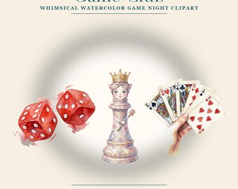 Game Night Clipart Bundle | 25 Whimsical Watercolor PNG | Chess Dice Cards Board Game Clipart | Game Club Branding | Commercial Use