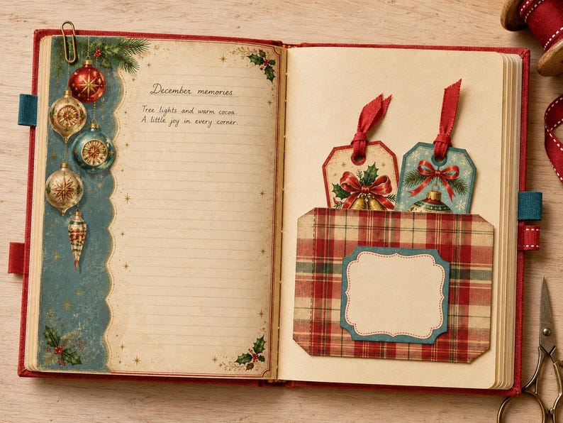 May include: An open journal with a red cover featuring a left page decorated with vintage Christmas ornaments and the text December memories, Tree lights and warm cocoa. A little joy in every corner. The right page has a plaid pocket with two tags.