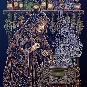Pode incluir: Uma ilustra&ccedil;&atilde;o detalhada de uma figura encapuzada mexendo um grande caldeir&atilde;o com uma colher de pau. A cena apresenta prateleiras cheias de v&aacute;rios frascos de vidro, ervas secas penduradas e cogumelos. Fuma&ccedil;a espiralada sobe do pote sobre chamas.