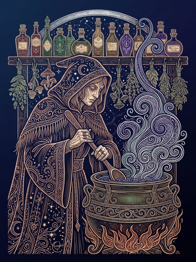 Pode incluir: Uma ilustra&ccedil;&atilde;o detalhada de uma figura encapuzada mexendo um grande caldeir&atilde;o com uma colher de pau. A cena apresenta prateleiras cheias de v&aacute;rios frascos de vidro, ervas secas penduradas e cogumelos. Fuma&ccedil;a espiralada sobe do pote sobre chamas.