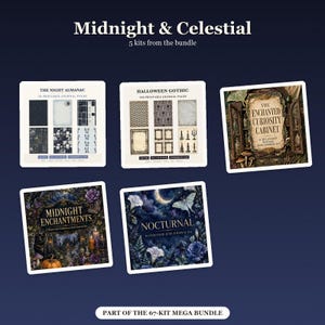 Puede incluir: Una colecci&oacute;n digital titulada Midnight & Celestial que incluye cinco kits de diarios imprimibles: The Night Almanac, Halloween Gothic, The Enchanted Curiosity Cabinet, Midnight Enchantments y Nocturnal, parte de un mega paquete de 67 kits.