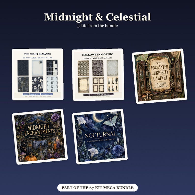 Puede incluir: Una colecci&oacute;n digital titulada Midnight & Celestial que incluye cinco kits de diarios imprimibles: The Night Almanac, Halloween Gothic, The Enchanted Curiosity Cabinet, Midnight Enchantments y Nocturnal, parte de un mega paquete de 67 kits.