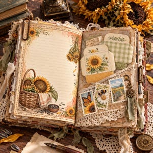 May include: An open scrapbook featuring lined pages with sunflower illustrations, a woven basket filled with sunflowers, and decorative pockets. The pages are adorned with lace trim, fabric scraps, and small postage stamp-style stickers depicting butterflies, bees, and floral landscapes.