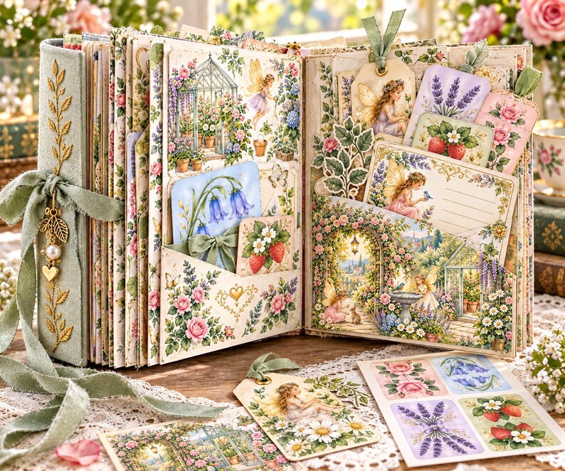Kit de diario creativo de hadas de jardín, 50 páginas imprimibles con ilustraciones vintage de jardines de hadas, papeles Cottage Roses, descarga instantánea. imagen 8
