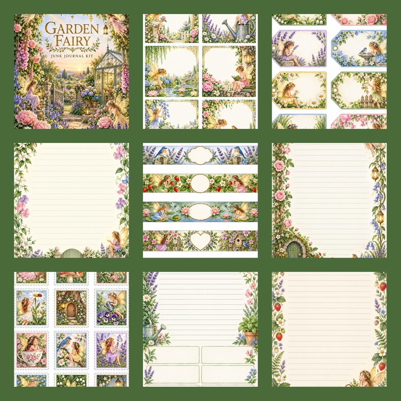 Kit de diario creativo de hadas de jardín, 50 páginas imprimibles con ilustraciones vintage de jardines de hadas, papeles Cottage Roses, descarga instantánea. imagen 4