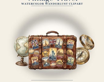 Vintage Travel Clipart Bundle | 25 Watercolor Wanderlust PNG | Suitcase Passport Globe Compass Clipart | Travel Journal Decor