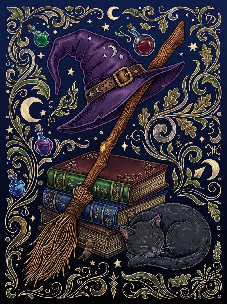 Pode incluir: Um chap&eacute;u pontudo roxo com cinto castanho, uma vassoura de madeira, uma pilha de tr&ecirc;s livros e um gato preto a dormir. Pequenos frascos de po&ccedil;&atilde;o em vidro verde, vermelho e azul est&atilde;o espalhados, emoldurados por volutas florais douradas e verdes.