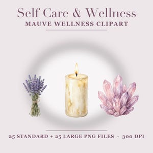 K&ouml;nnte beinhalten: Digitales Grafikset mit dem Titel Self Care & Wellness Mauve Wellness Clipart, bestehend aus einem Aquarell-Lavendelstrau&szlig;, einer brennenden Stumpenkerze und einer Ansammlung violetter Kristalle. Text: 25 standard + 25 large PNG files 300 DPI.