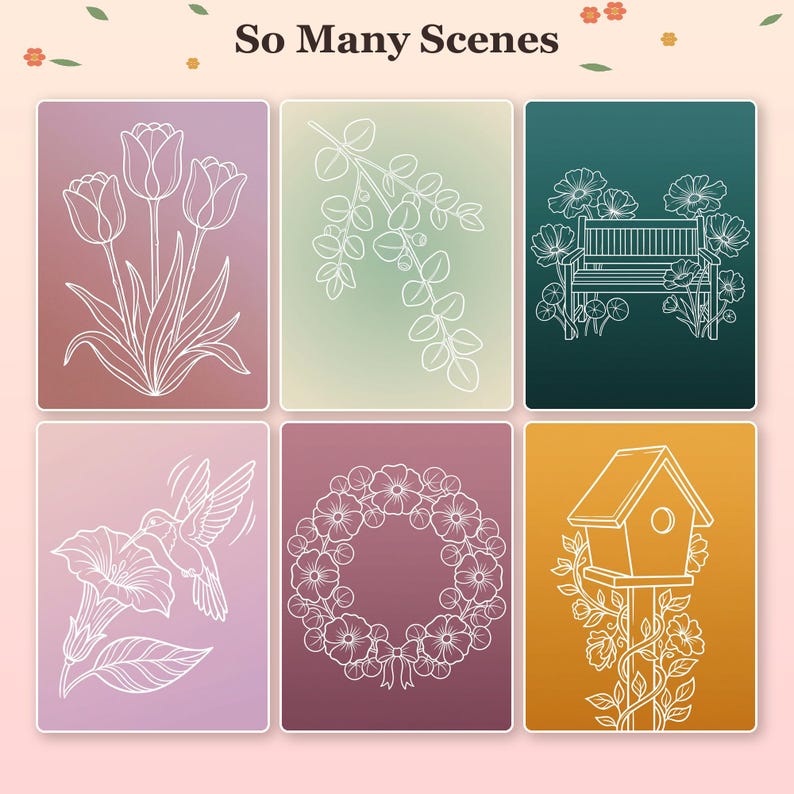 May include: A collection of six rectangular panels titled So Many Scenes, featuring white line art illustrations of tulips, eucalyptus branches, a garden bench, a hummingbird with a flower, a floral wreath, and a birdhouse on a post.